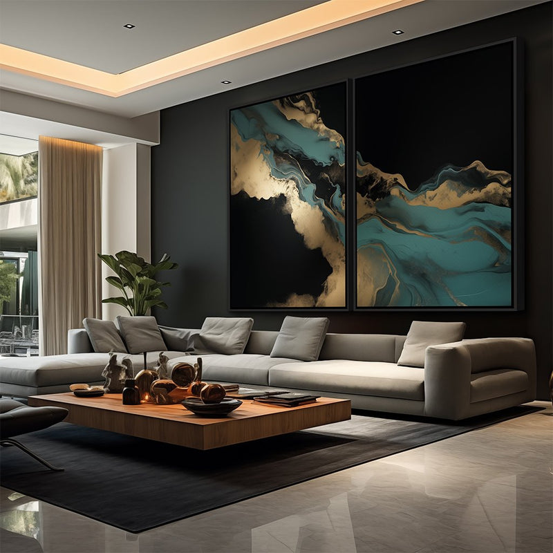 Quadro Decorativo  2 Telas Luxo Tons de Preto Turquesa e Dourado