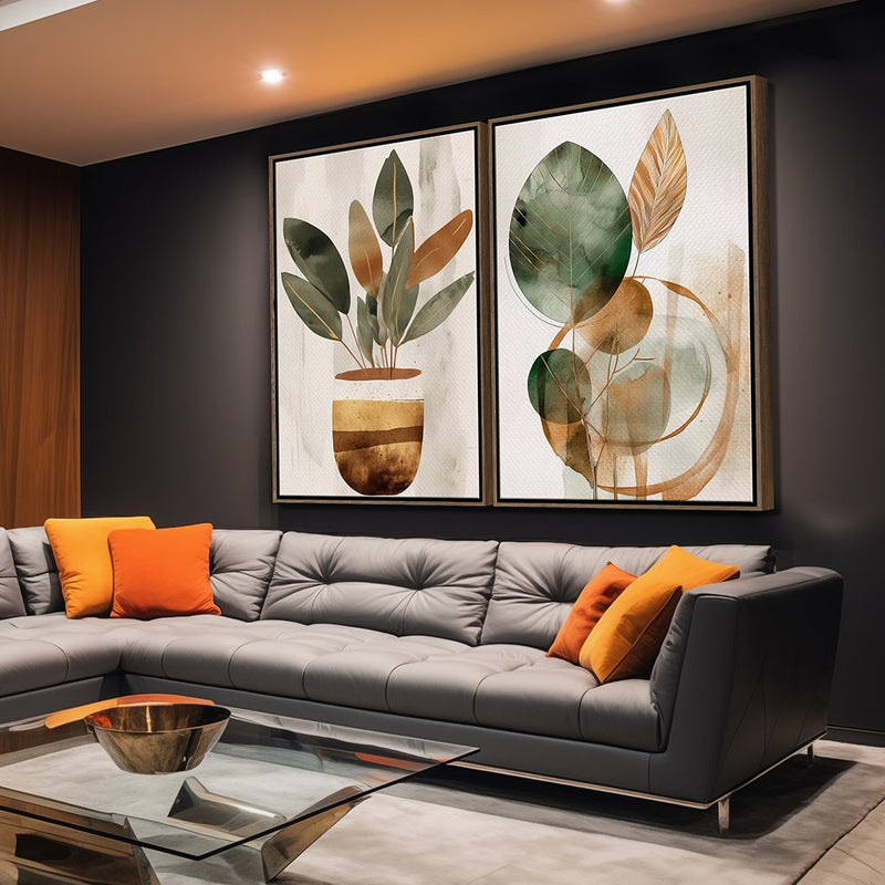 Quadro Decorativo  2 Telas Boho Folhas Arte Moderna Abstrata