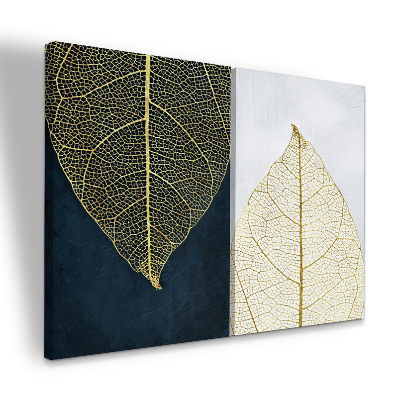 Quadro Decorativo  2 Telas Folhas Preta e Dourada