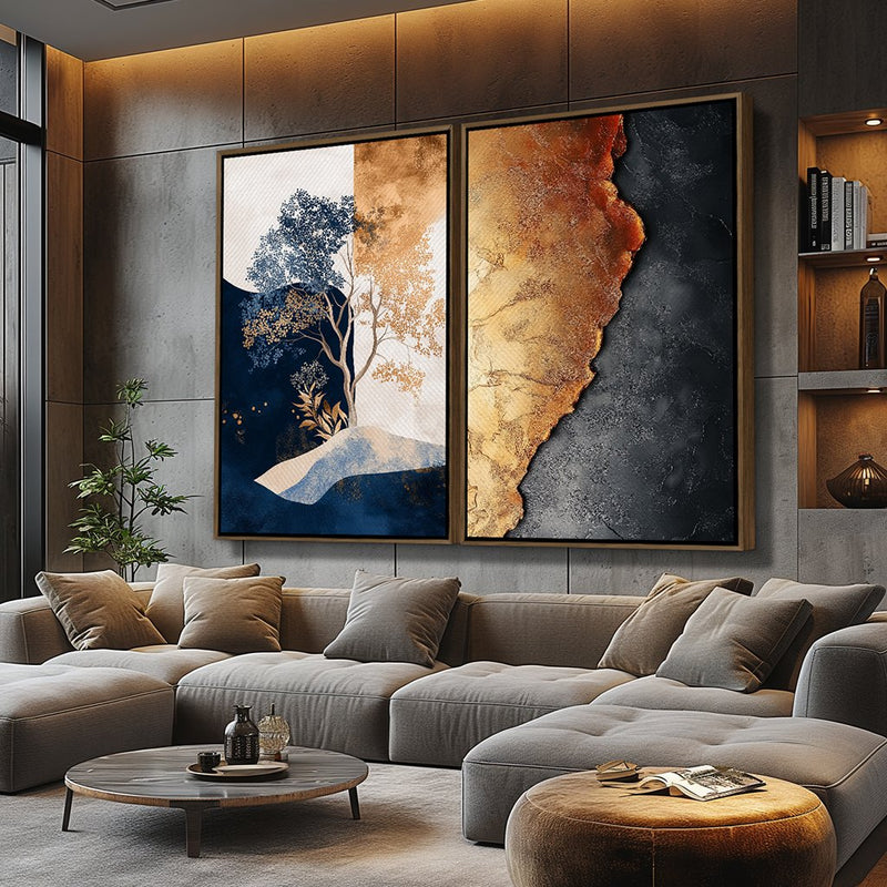 Quadro Decorativo  2 Telas Moderno de Árvores e Texturas em Tons Dourado e Azul