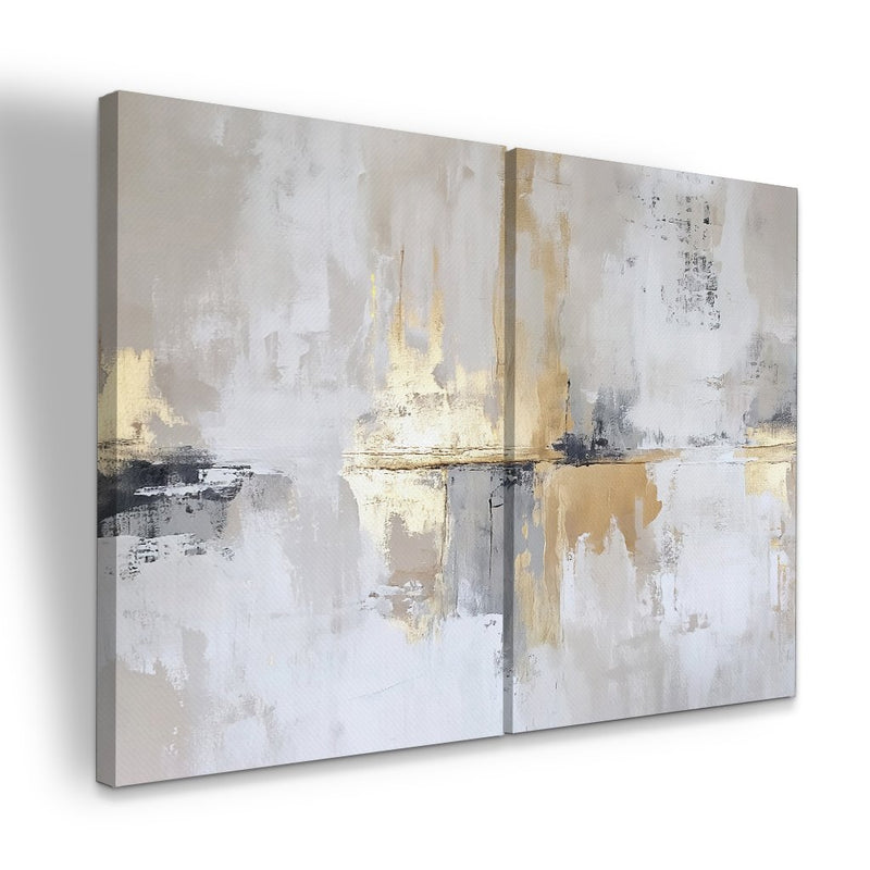 Quadro Decorativo  2 Telas Grandes Modernos Abstrato Luxo Branco Cinza e Dourado