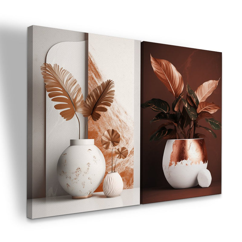 Quadro Decorativo  2 Telas Plantas Abstrato Moderno Boho Chique Rosé