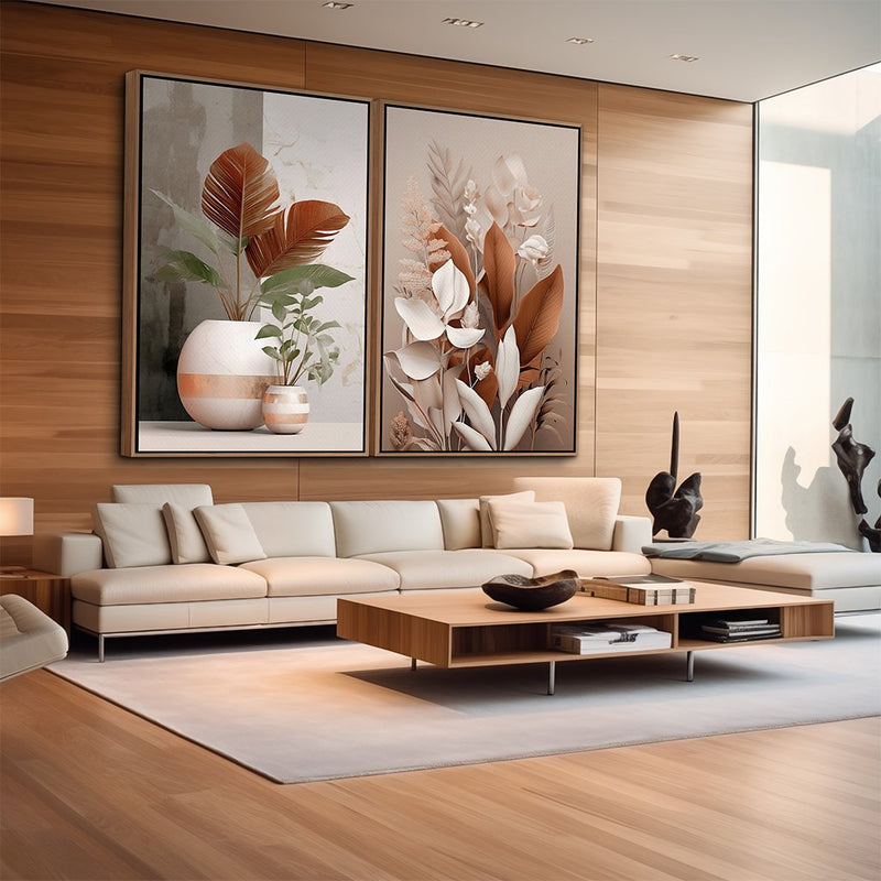 Quadro Decorativo  2 Telas Plantas e Folhas Rose Moderno