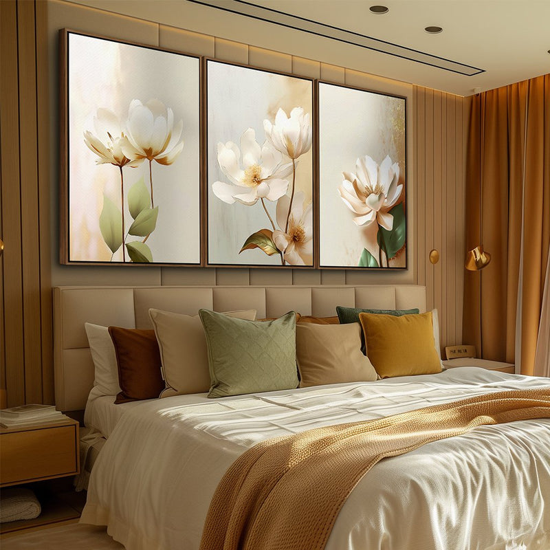 Quadro decorativo 3 telas Flores Brancas Pintura Digital