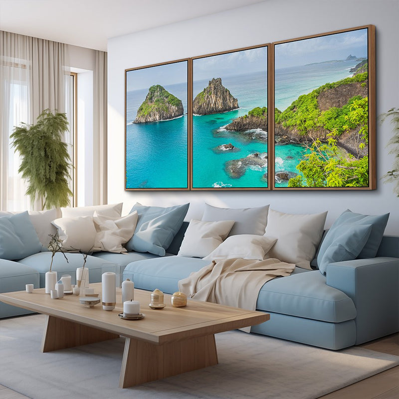 Quadro decorativo 3 telas Paisagem Noronha Dois Irmãos Cacimba do Padre