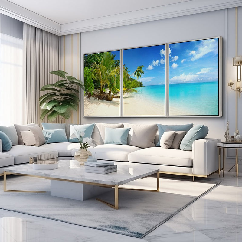 Quadro decorativo 3 telas Paisagem Praia Palmeiras e Mar do Caribe