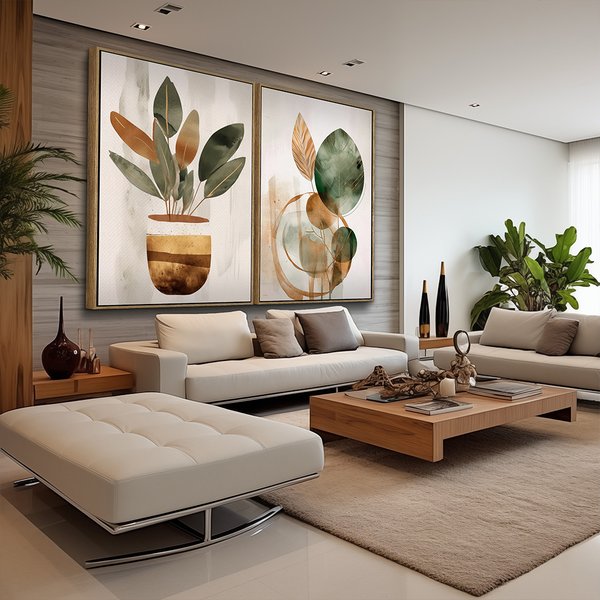 Quadro Decorativo  2 Telas Boho Folhas Arte Moderna Abstrata