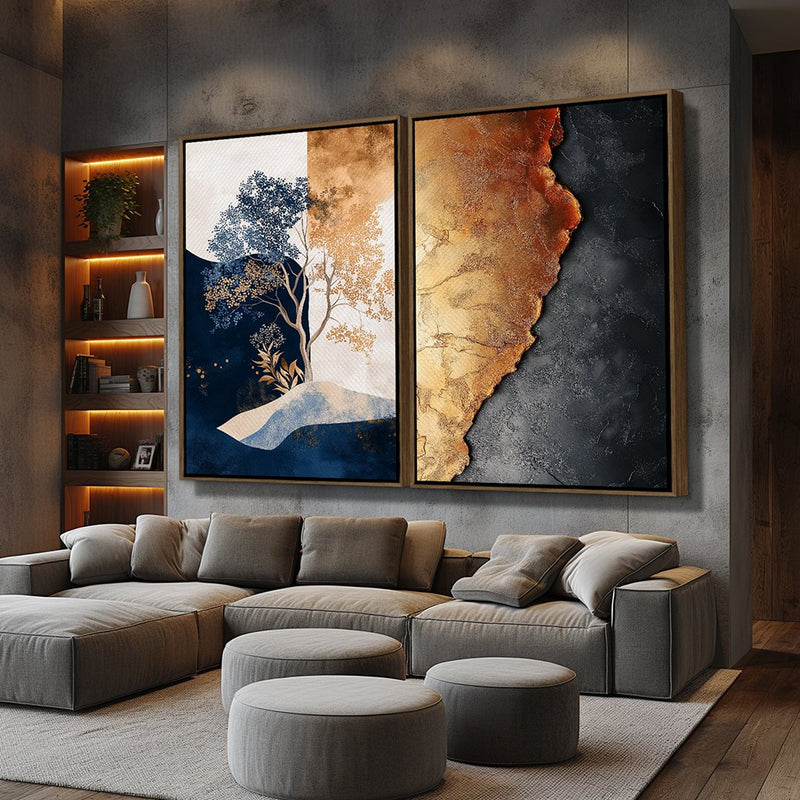 Quadro Decorativo  2 Telas Moderno de Árvores e Texturas em Tons Dourado e Azul