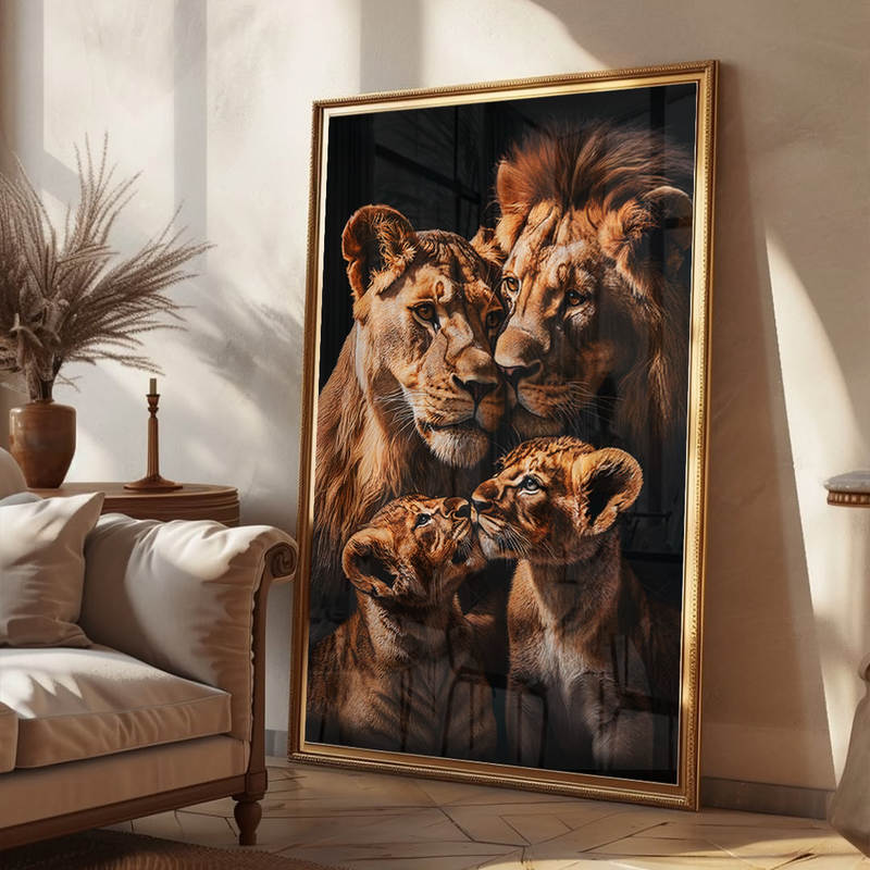 Quadro Decorativo Familia de Leões Dois Filhotes