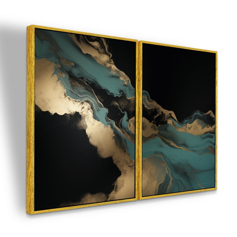 Quadro Decorativo  2 Telas Luxo Tons de Preto Turquesa e Dourado