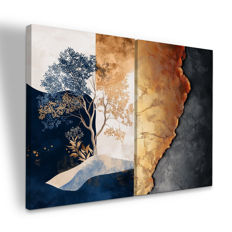 Quadro Decorativo  2 Telas Moderno de Árvores e Texturas em Tons Dourado e Azul