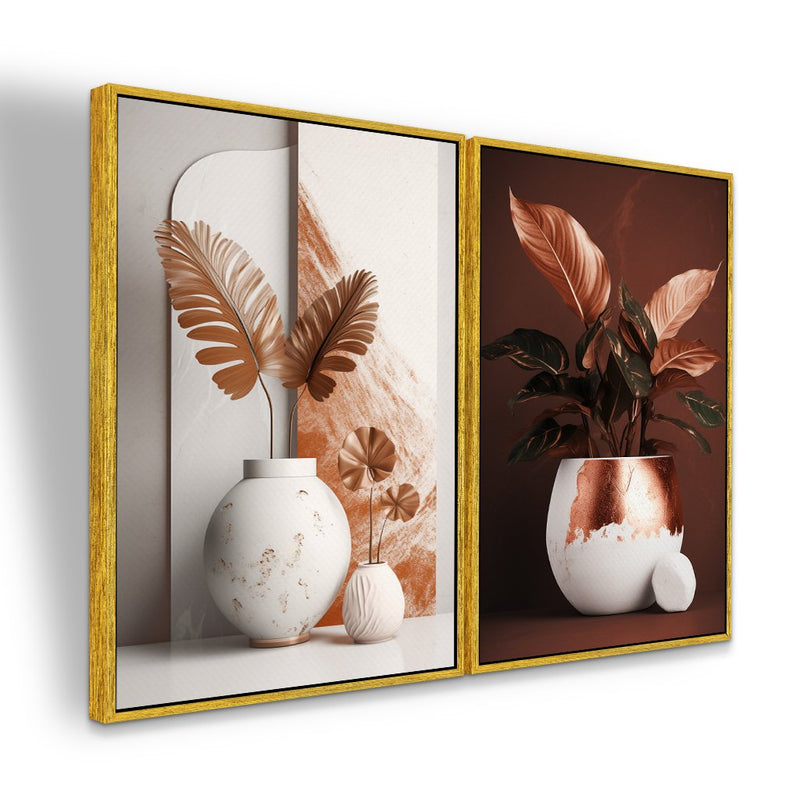 Quadro Decorativo  2 Telas Plantas Abstrato Moderno Boho Chique Rosé