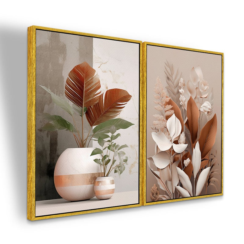 Quadro Decorativo  2 Telas Plantas e Folhas Rose Moderno