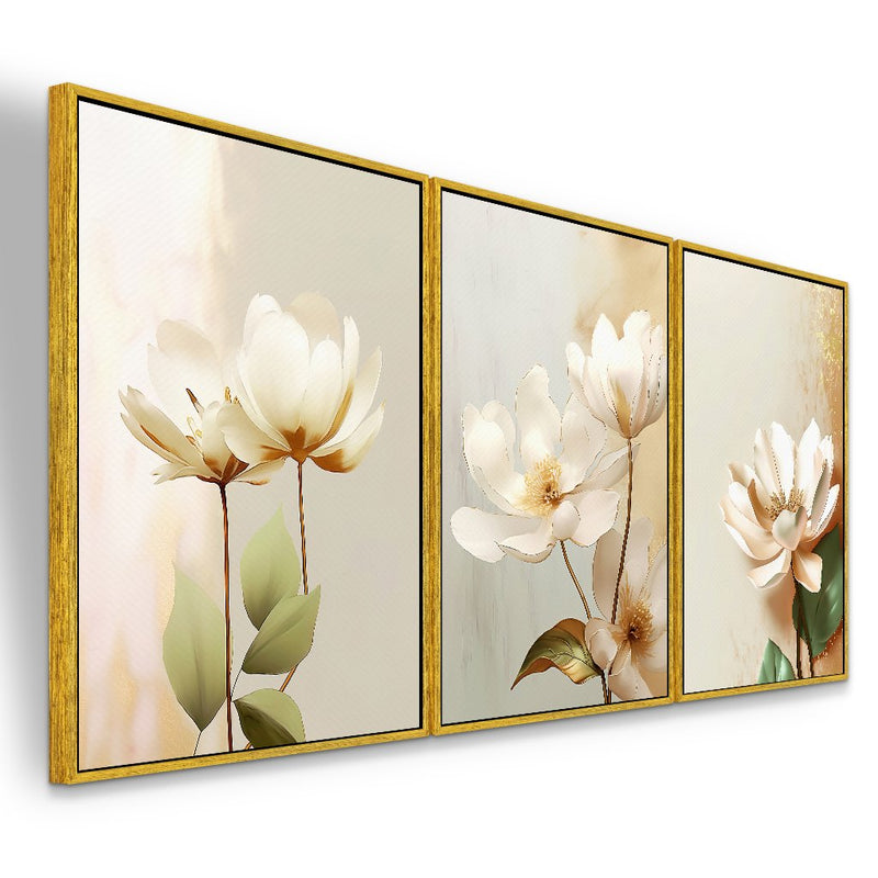 Quadro decorativo 3 telas Flores Brancas Pintura Digital