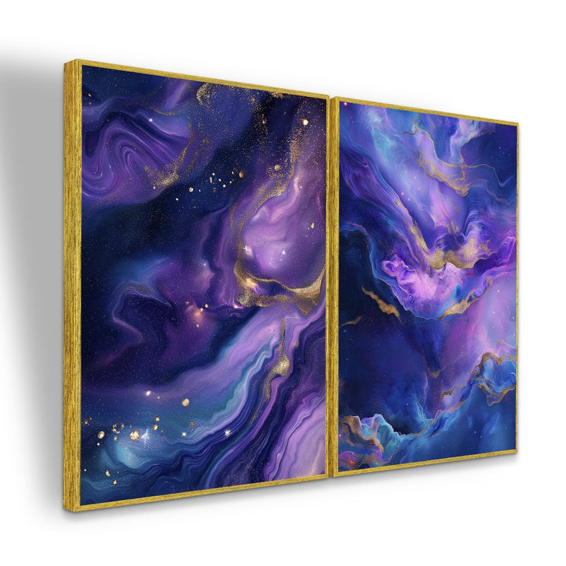 Quadro Decorativo  2 Telas Abstrato Cósmico Roxo Dourado Moderno