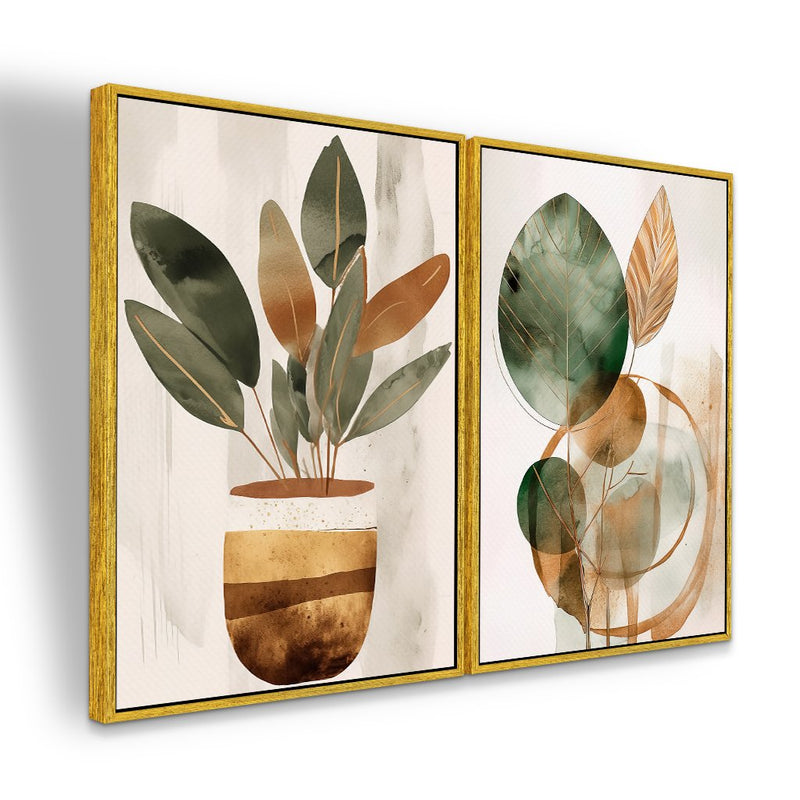 Quadro Decorativo  2 Telas Boho Folhas Arte Moderna Abstrata