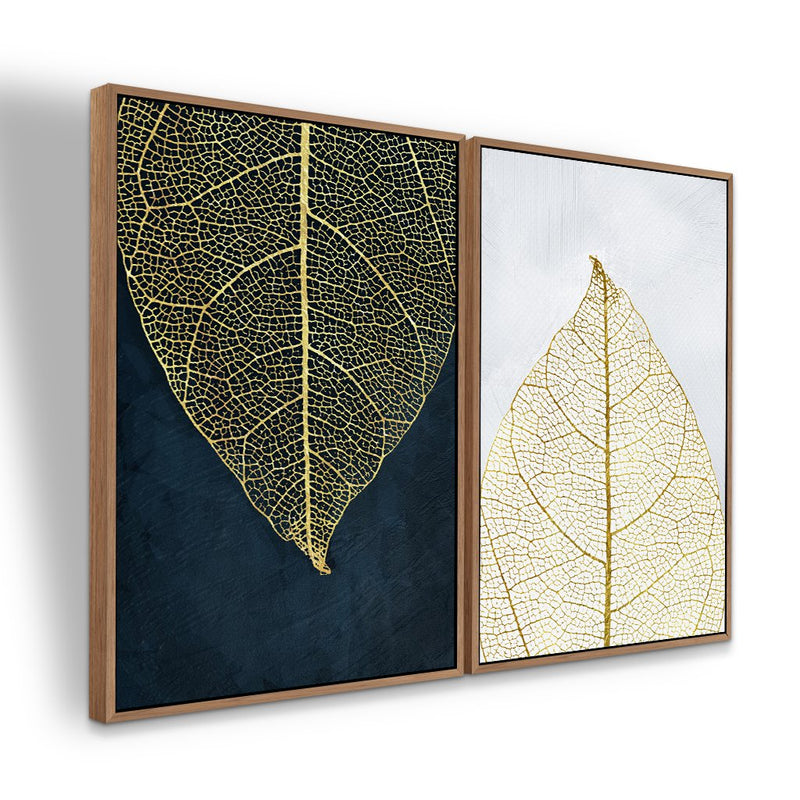 Quadro Decorativo  2 Telas Folhas Preta e Dourada