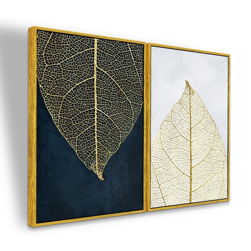 Quadro Decorativo  2 Telas Folhas Preta e Dourada