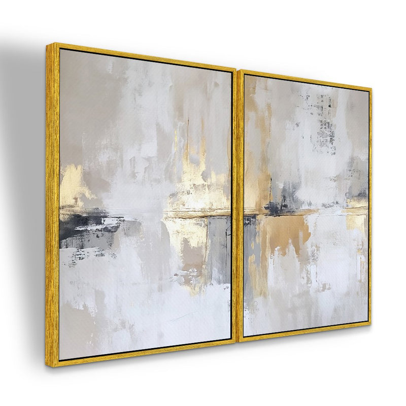Quadro Decorativo  2 Telas Grandes Modernos Abstrato Luxo Branco Cinza e Dourado