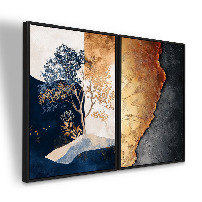 Quadro Decorativo  2 Telas Moderno de Árvores e Texturas em Tons Dourado e Azul