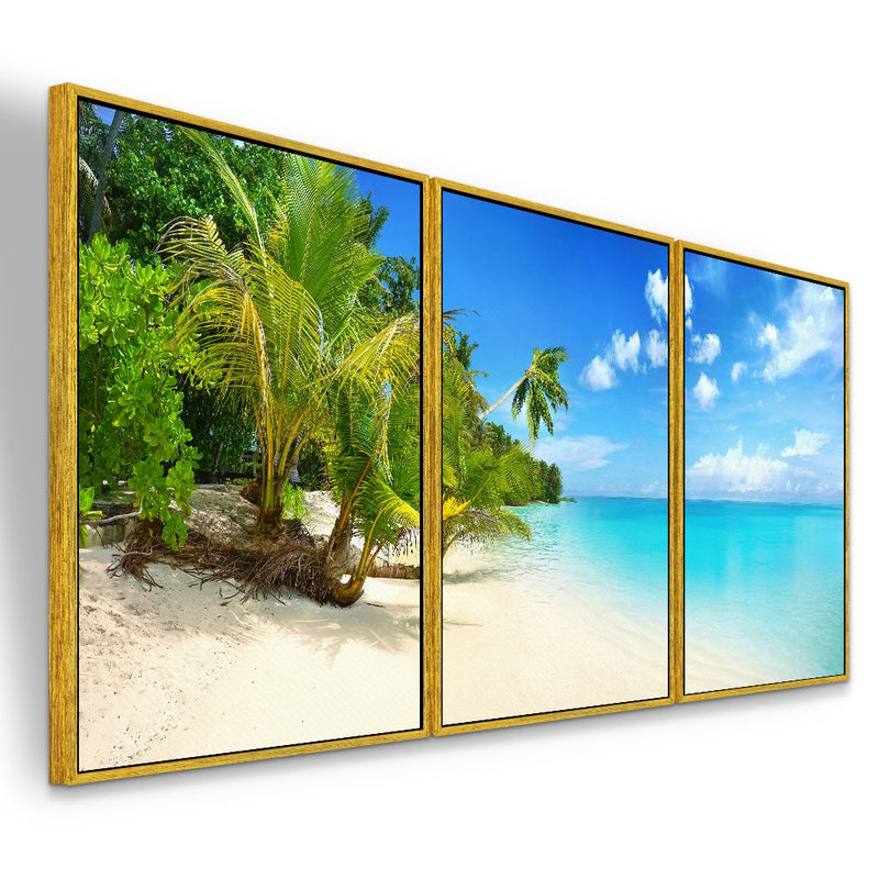 Quadro decorativo 3 telas Paisagem Praia Palmeiras e Mar do Caribe