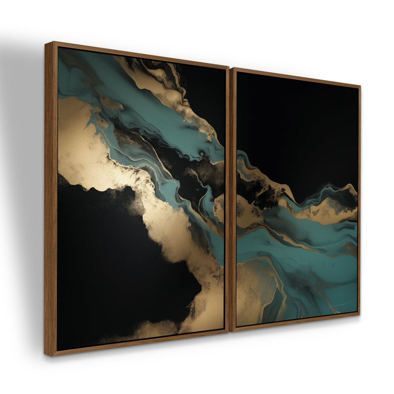 Quadro Decorativo  2 Telas Luxo Tons de Preto Turquesa e Dourado
