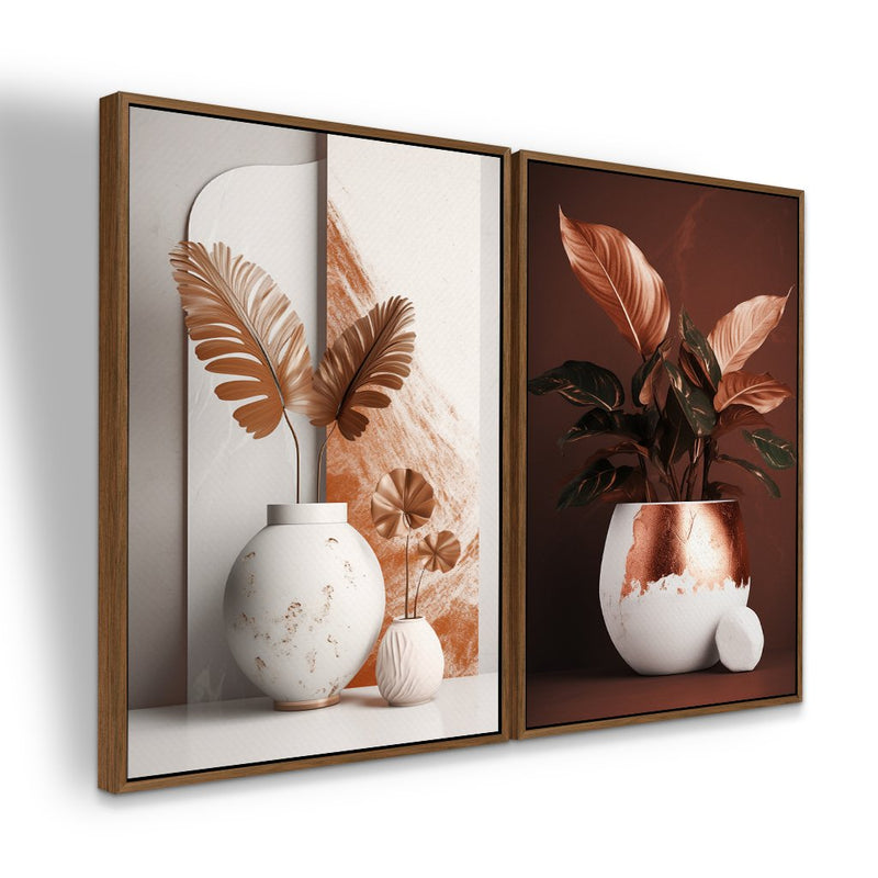 Quadro Decorativo  2 Telas Plantas Abstrato Moderno Boho Chique Rosé