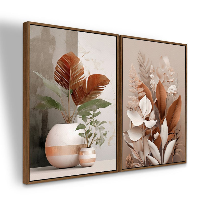 Quadro Decorativo  2 Telas Plantas e Folhas Rose Moderno