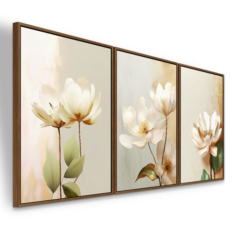 Quadro decorativo 3 telas Flores Brancas Pintura Digital