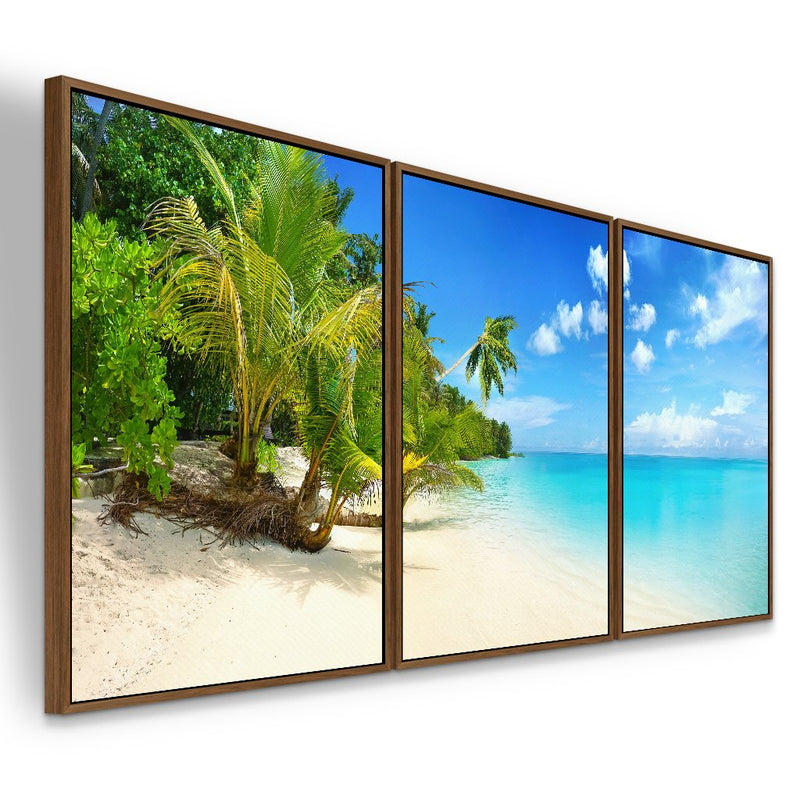 Quadro decorativo 3 telas Paisagem Praia Palmeiras e Mar do Caribe