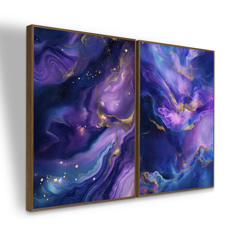 Quadro Decorativo  2 Telas Abstrato Cósmico Roxo Dourado Moderno