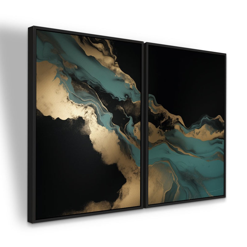 Quadro Decorativo  2 Telas Luxo Tons de Preto Turquesa e Dourado