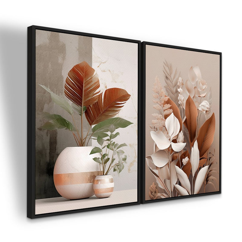 Quadro Decorativo  2 Telas Plantas e Folhas Rose Moderno