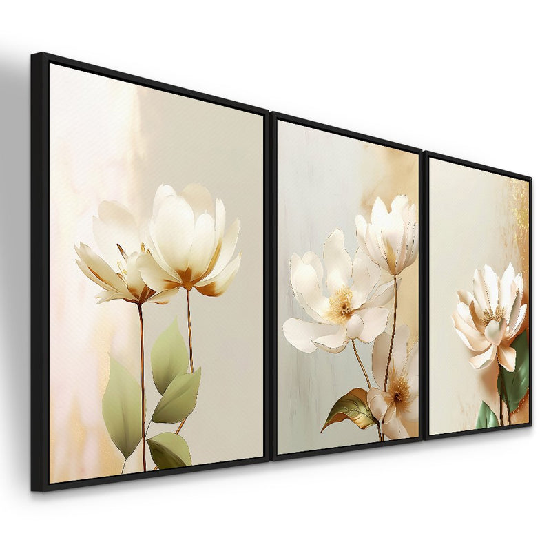 Quadro decorativo 3 telas Flores Brancas Pintura Digital