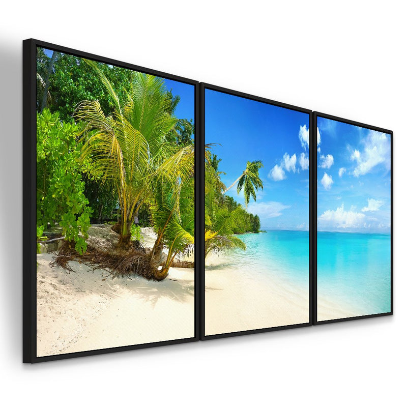 Quadro decorativo 3 telas Paisagem Praia Palmeiras e Mar do Caribe