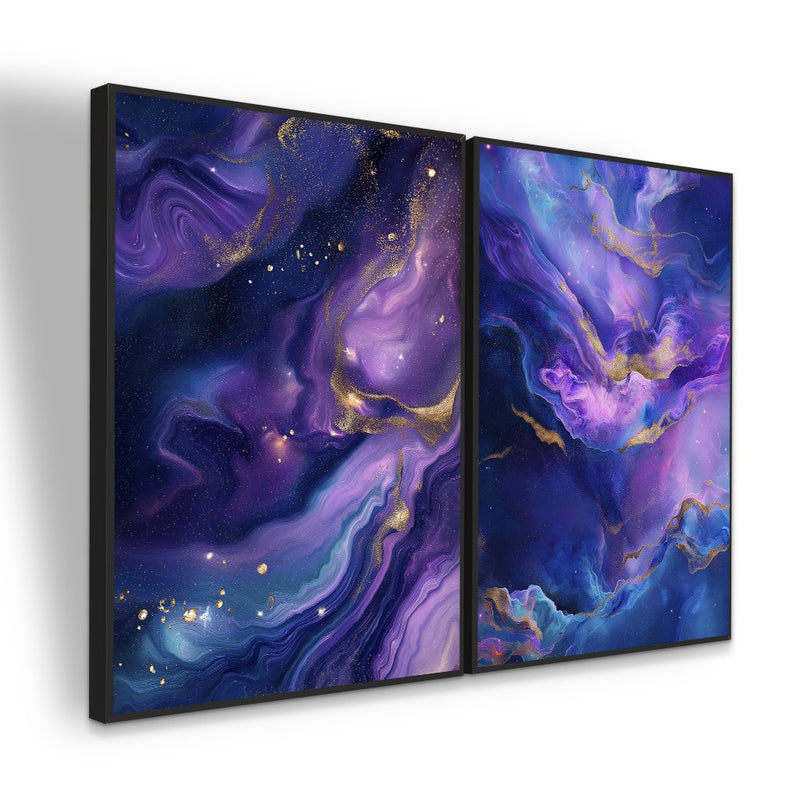 Quadro Decorativo  2 Telas Abstrato Cósmico Roxo Dourado Moderno