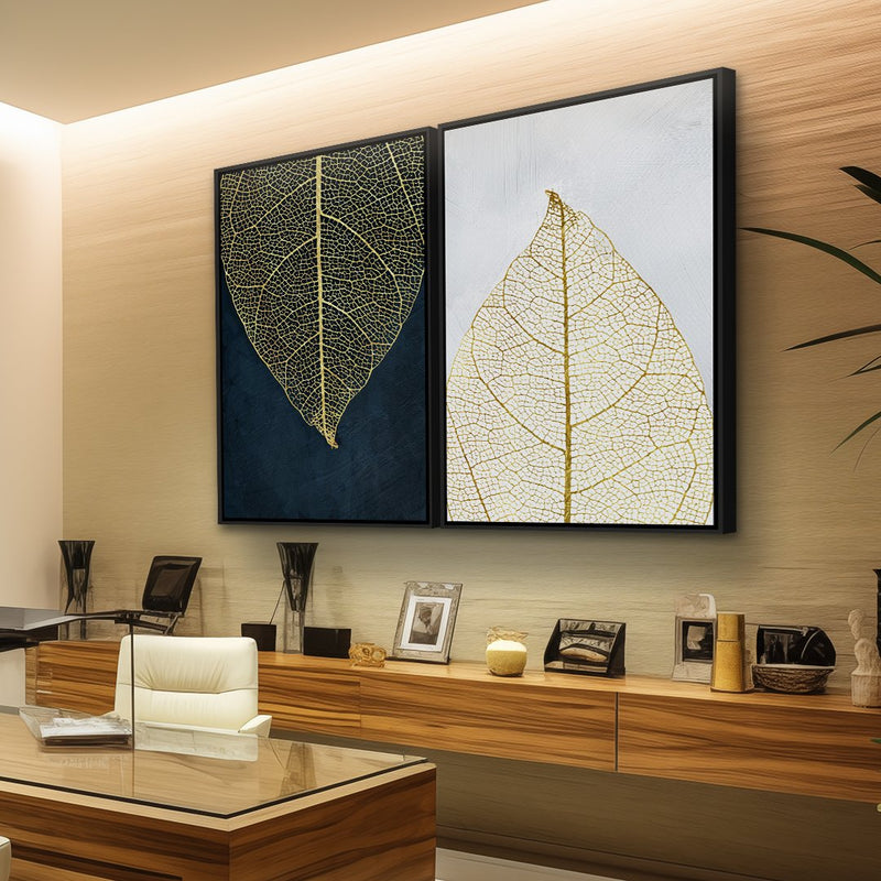 Quadro Decorativo  2 Telas Folhas Preta e Dourada