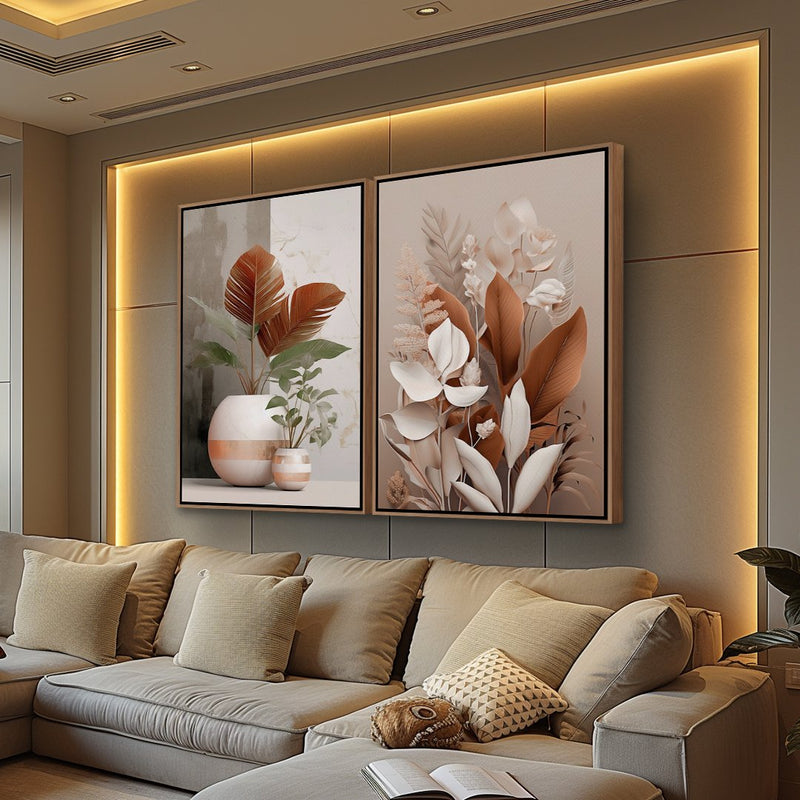 Quadro Decorativo  2 Telas Plantas e Folhas Rose Moderno