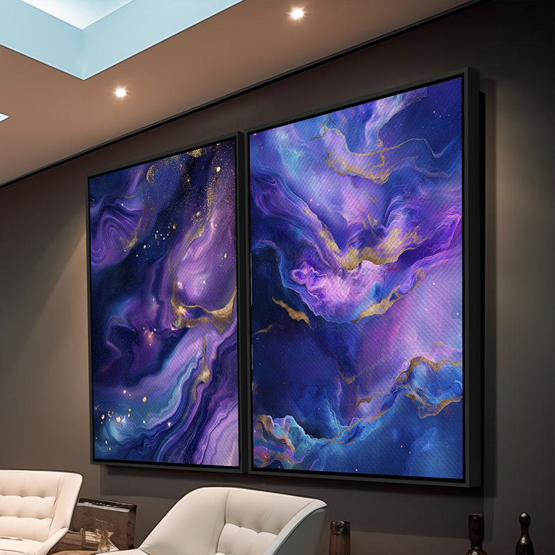 Quadro Decorativo  2 Telas Abstrato Cósmico Roxo Dourado Moderno