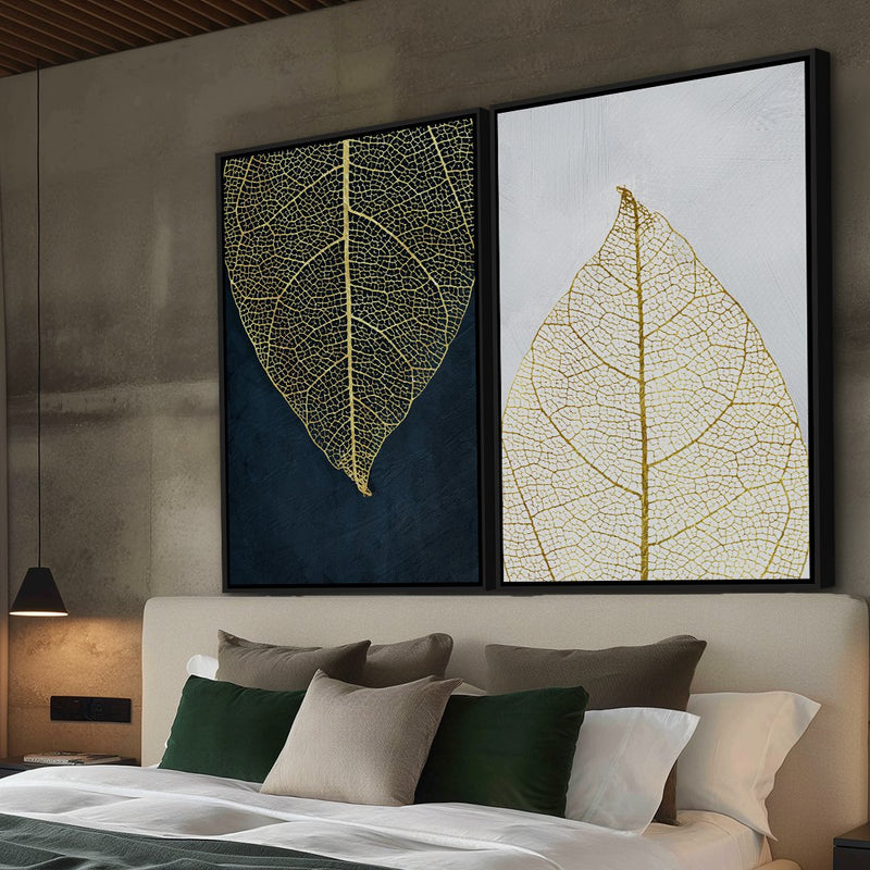Quadro Decorativo  2 Telas Folhas Preta e Dourada