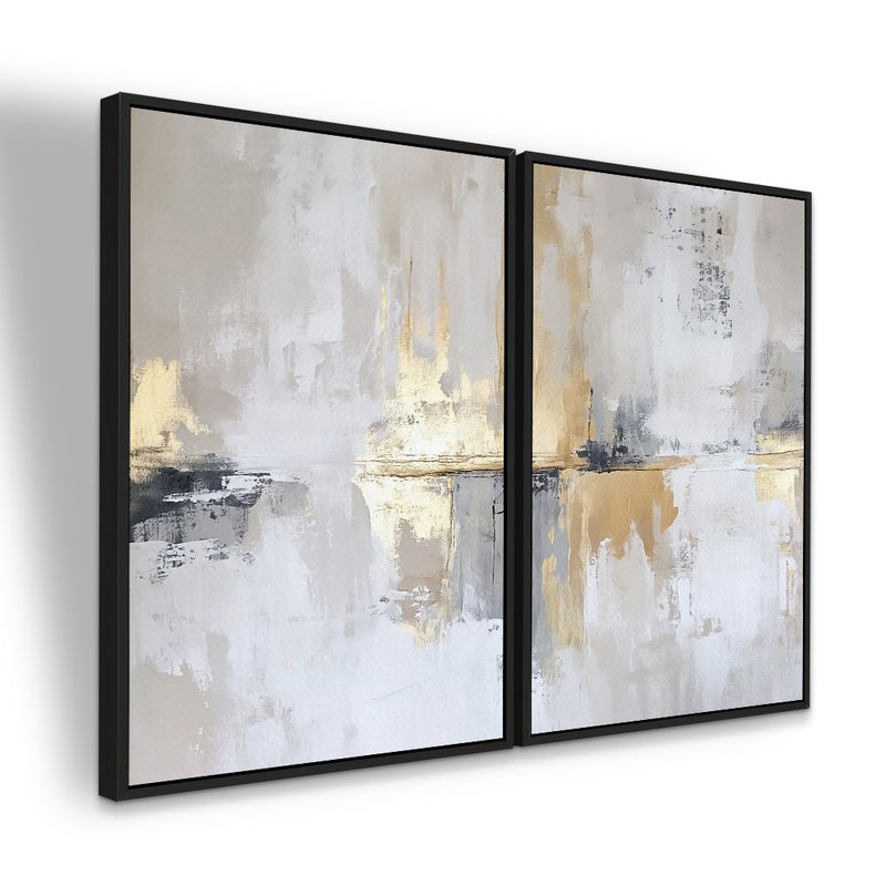 Quadro Decorativo  2 Telas Grandes Modernos Abstrato Luxo Branco Cinza e Dourado