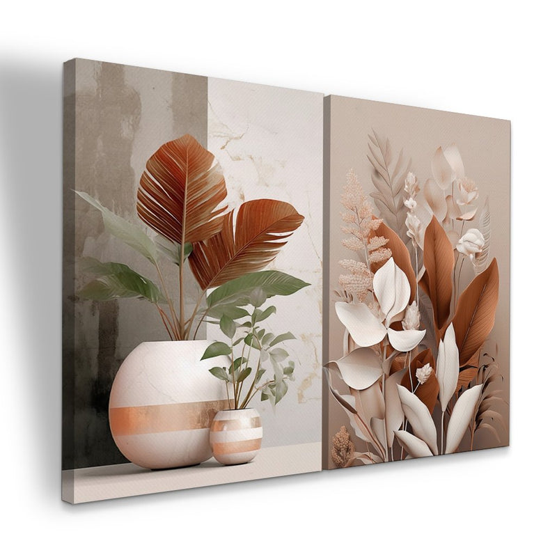Quadro Decorativo  2 Telas Plantas e Folhas Rose Moderno