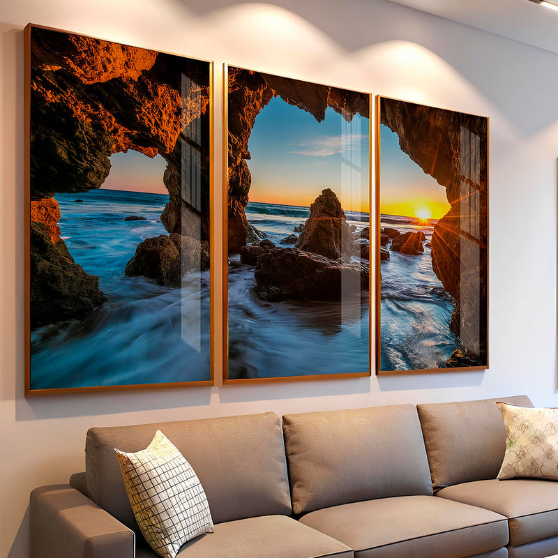 Quadro decorativo 3 Telas Gruta e Mar