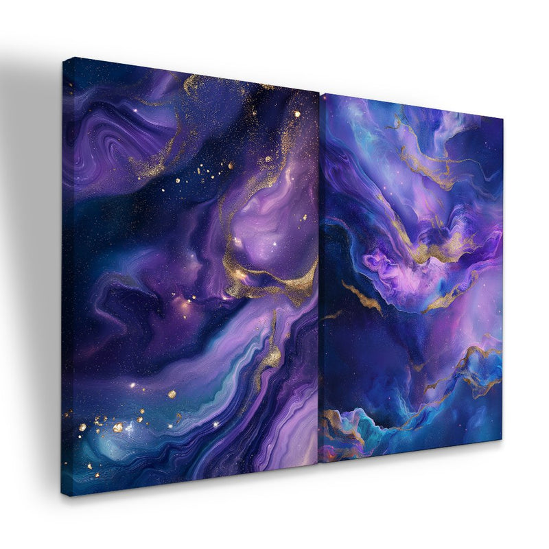 Quadro Decorativo  2 Telas Abstrato Cósmico Roxo Dourado Moderno