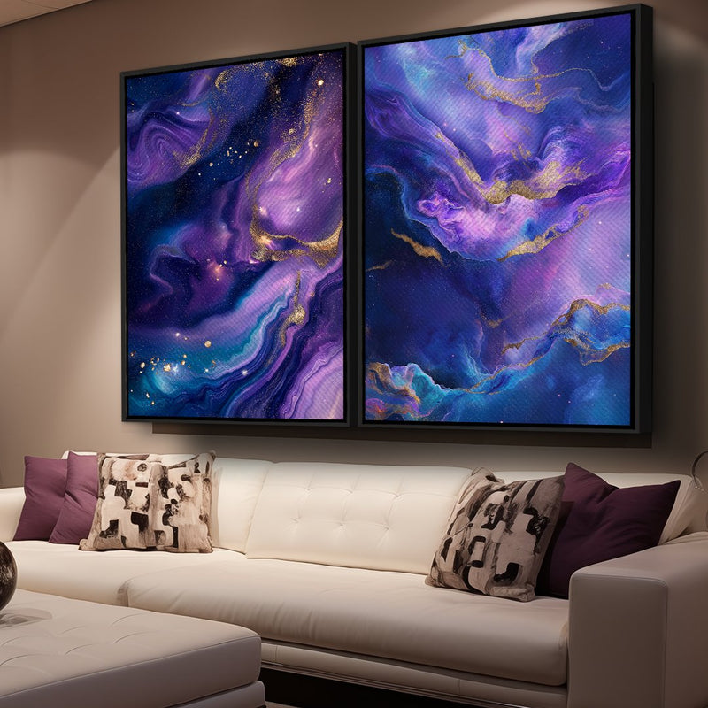 Quadro Decorativo  2 Telas Abstrato Cósmico Roxo Dourado Moderno