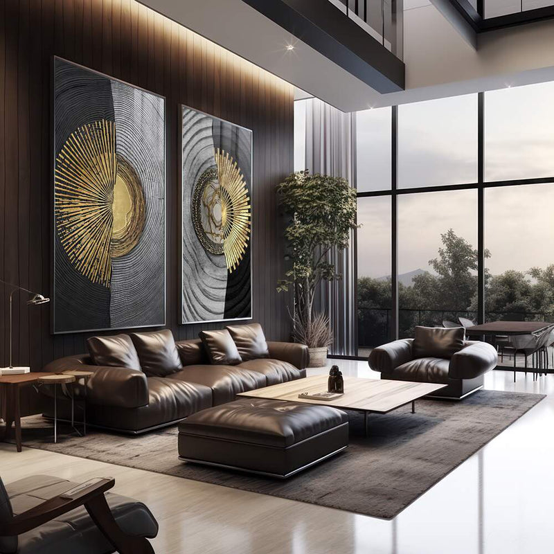 Quadro decorativo 2 telas Abstrato circulo dourado