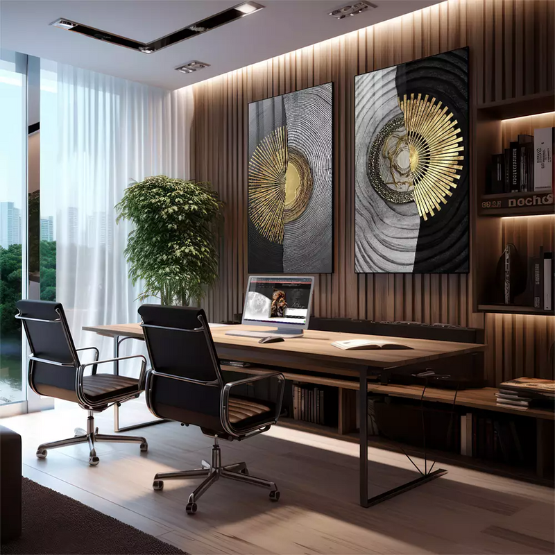 Quadro decorativo 2 telas Abstrato circulo dourado