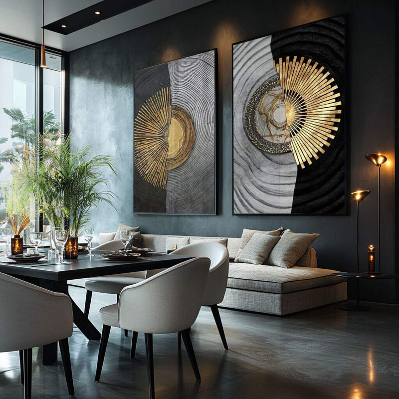 Quadro decorativo 2 telas Abstrato circulo dourado