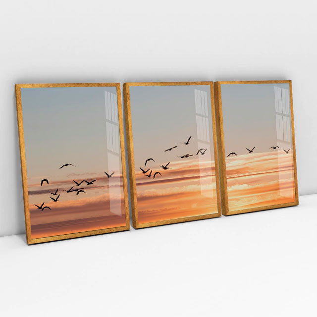 Quadro decorativo 3 Telas Pássaros Por Do Sol