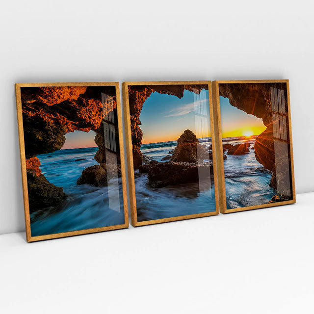 Quadro decorativo 3 Telas Gruta e Mar
